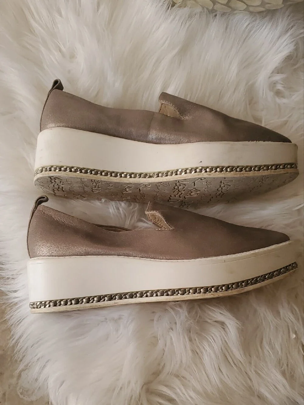 Karl Lagerfeld Metallic Bronze Slip-On Platform Loafers with White Midsole 6.5